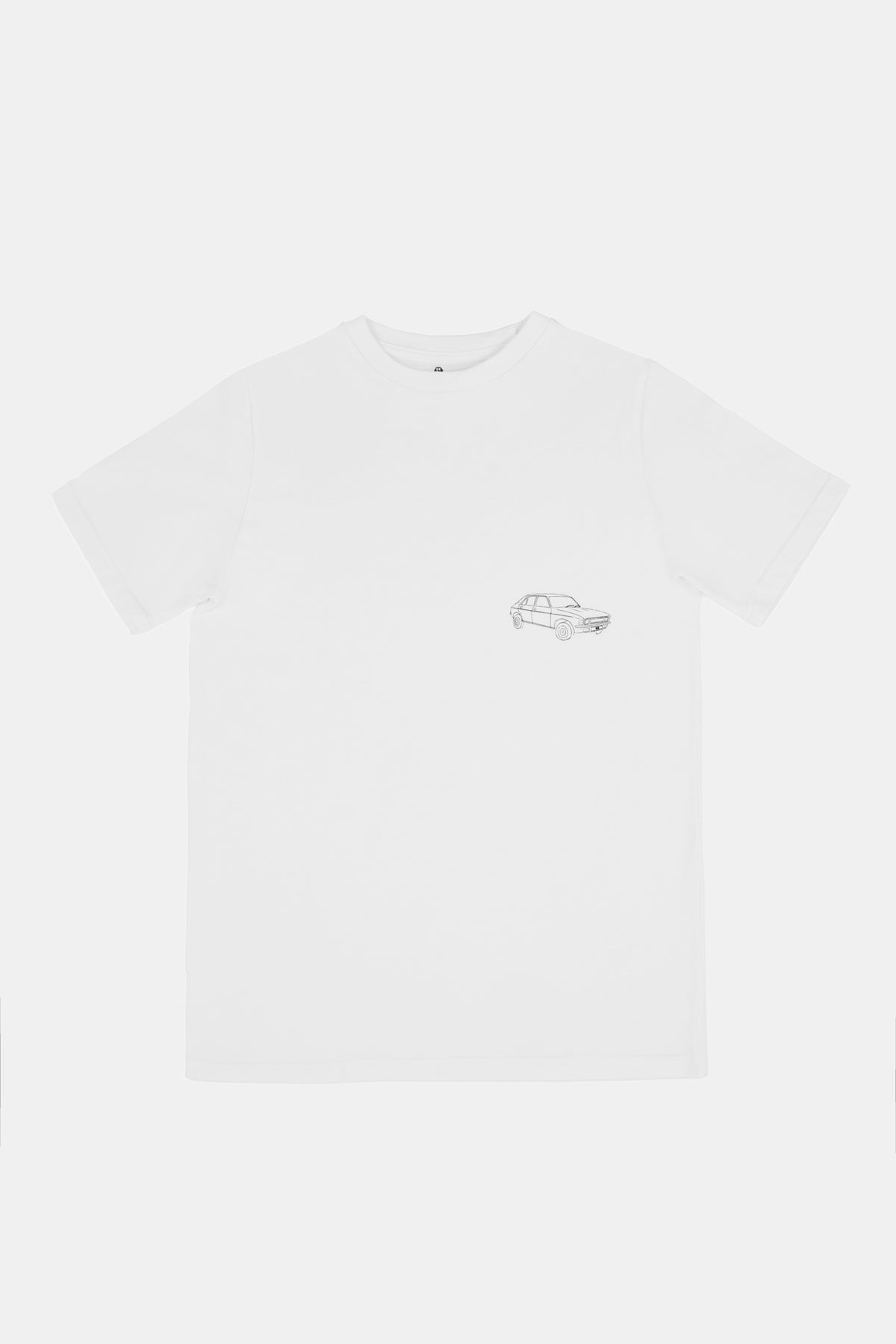 White t shirt with a small car print on a white background.