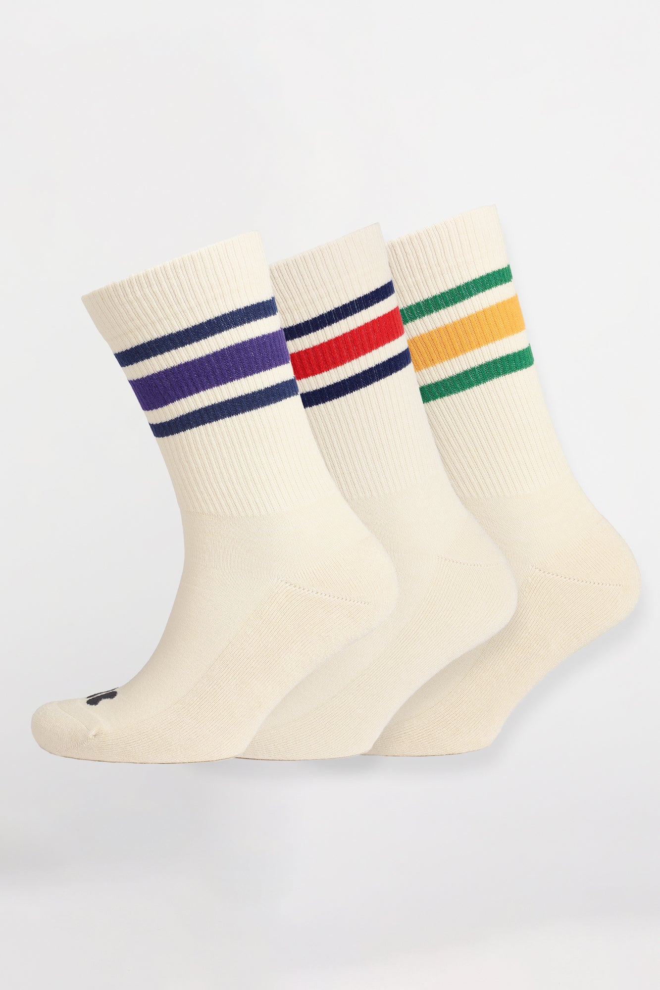 Product shot showing 3 pack of sport calf socks in ecru/multi stripes.