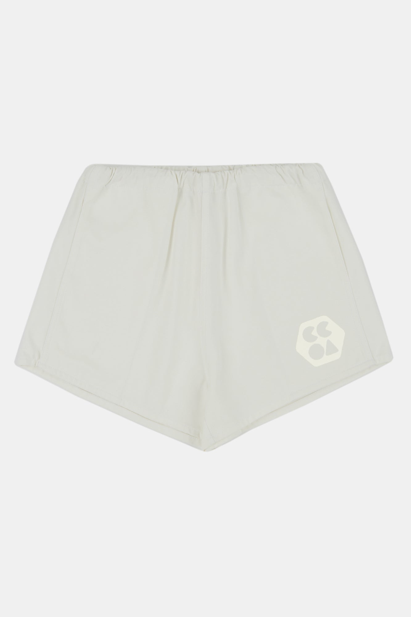Flatlay product shot of women's heavyweight sports short plastic free in white with white CCOA logo