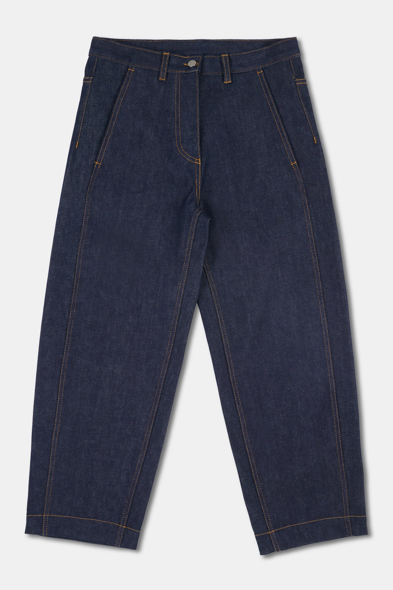 Pair of dark blue jeans on a light gray background