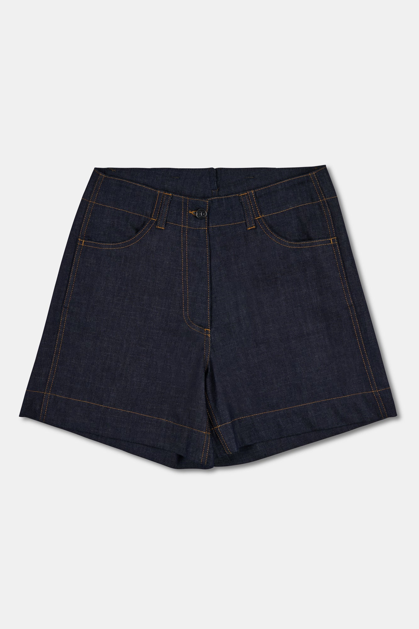 Dark blue denim shorts on a white background