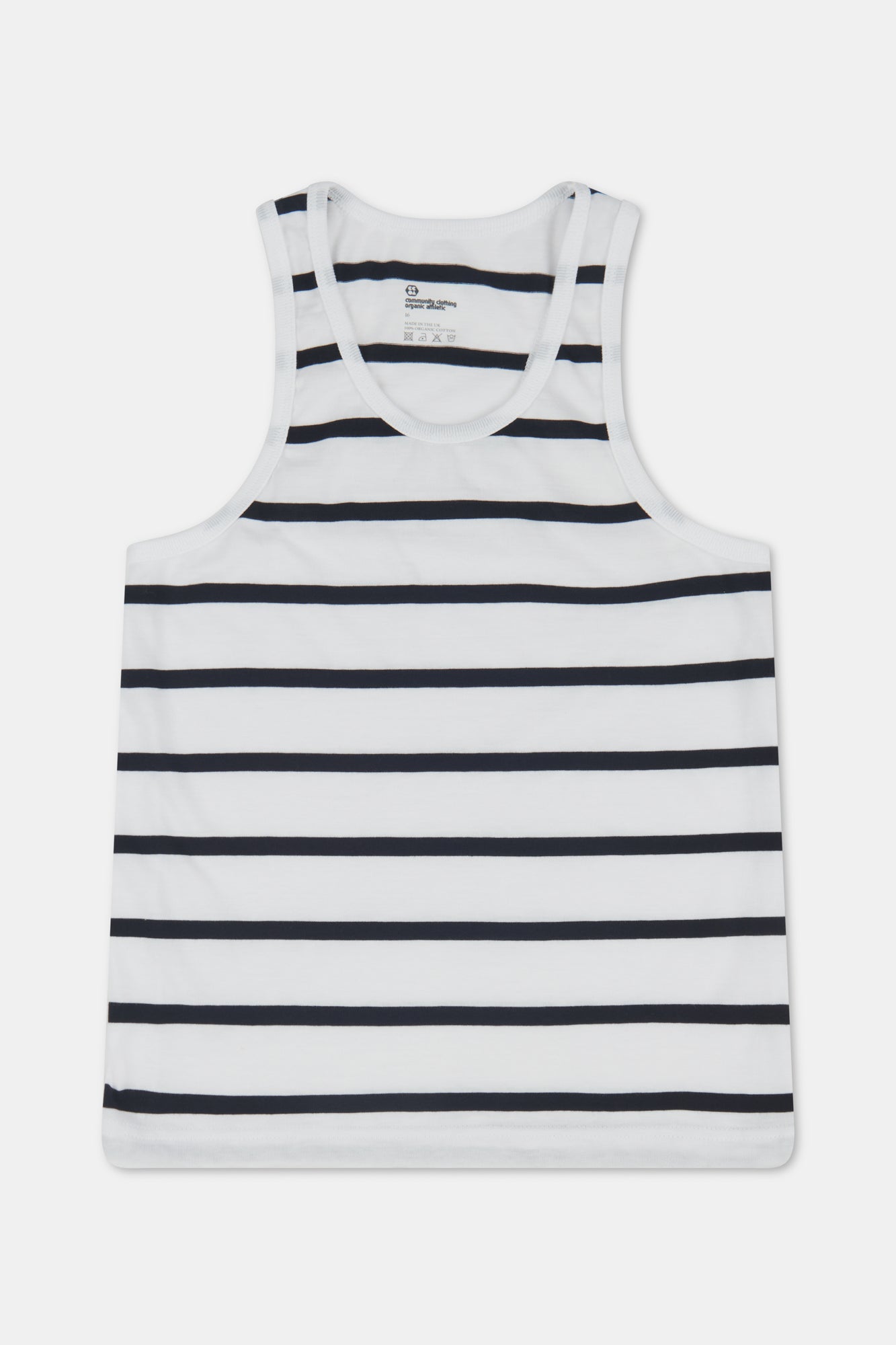 White racer back vest with navy stripes on white background