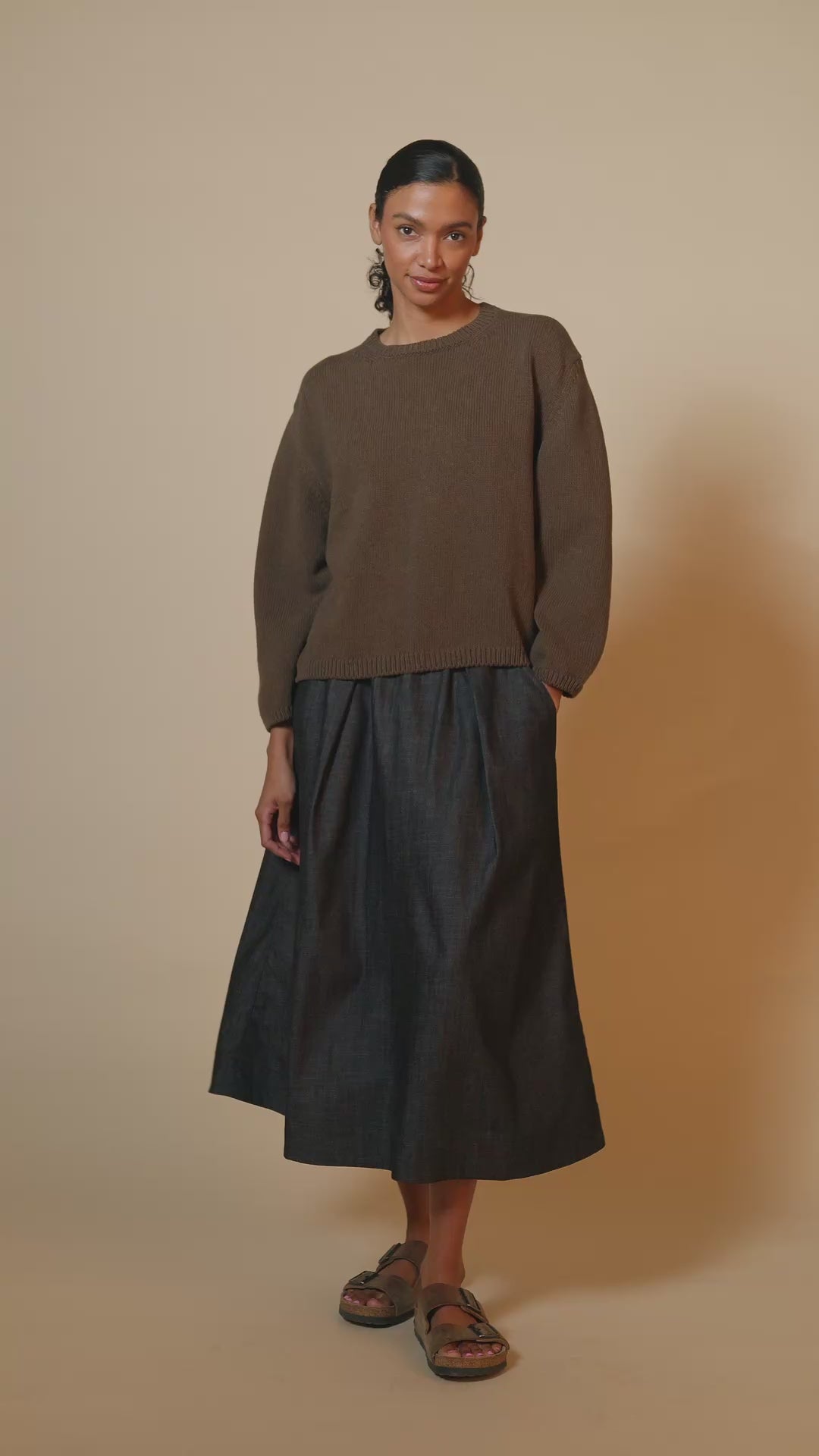 WOMENS COTTON CREW NECK - BROWN MARL