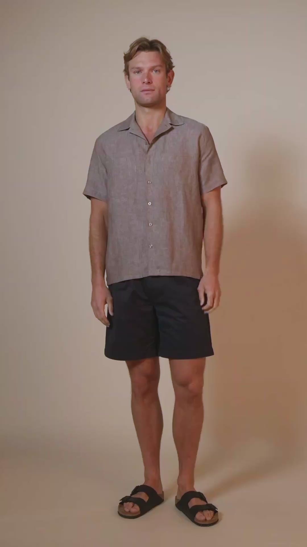 MARC LINEN SHORT SLEEVE BOWLING SHIRT - BROWN