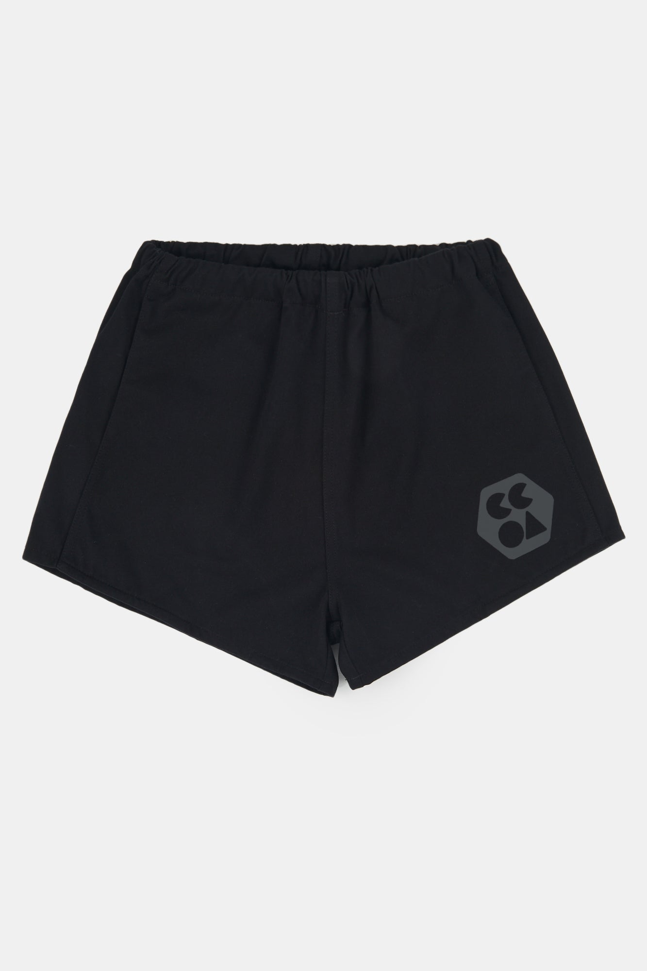Flatlay product shot of women's heavyweight sports short plastic free in black with CCOA logo